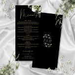 Menú Cena Boda De Monograma De Verde Negro Y Oro<br><div class="desc">Este elegante menú boda de hojas de vegetación floral dorada y negra se puede personalizar con su información en tipografía de moda con sus iniciales en monograma al revés. Diseñado por Thisisnotme©</div>