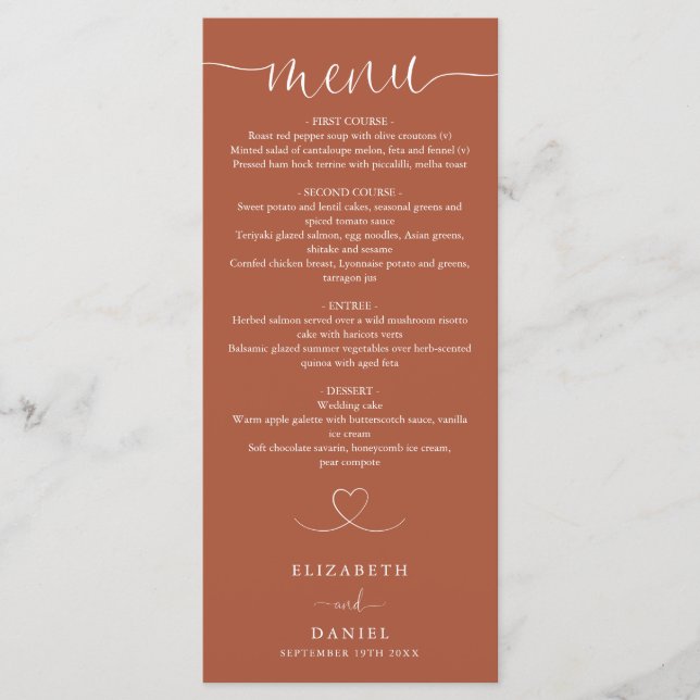 Menú Cena Boda de Terracotta Heart Script (Anverso)