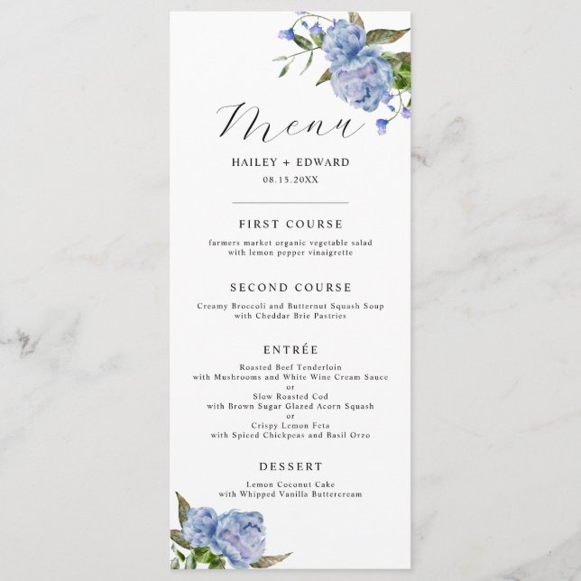 Menú Cena Boda Floral Azul (Anverso)
