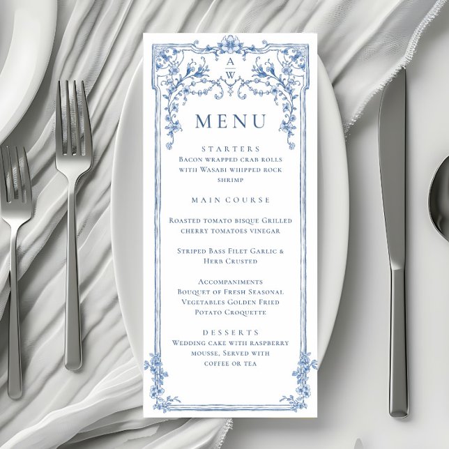 Menú Cena Boda floral Blue Victorian Ornate Grace (Subido por el creador)