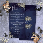 Menú Cena Boda gótica floral de Rosas azules de mediano<br><div class="desc">Este elegante menú floral floral de boda gótico en color negro y dorado se puede personalizar con su información en tipografía de moda con sus iniciales de monograma al revés. Diseñado por Thisisnotme©</div>
