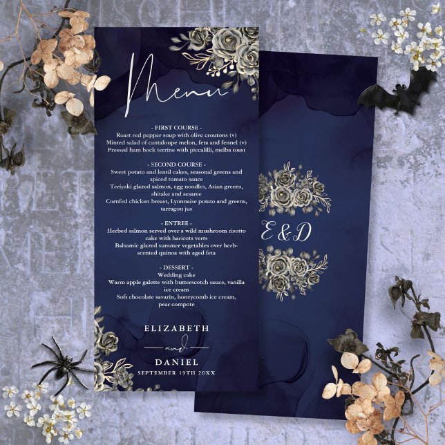 Menú Cena Boda gótica floral de Rosas azules de mediano (Midnight Blue Roses Floral Gothic Wedding Dinner Menu)