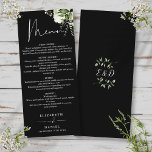 Menú Cena Boda Monograma De Verde Blanco Y Negro<br><div class="desc">Este elegante menú floral floral de hojas de vegetación floral en blanco y negro se puede personalizar con su información en la tipografía de moda con sus iniciales de monograma al revés. Diseñado por Thisisnotme©</div>