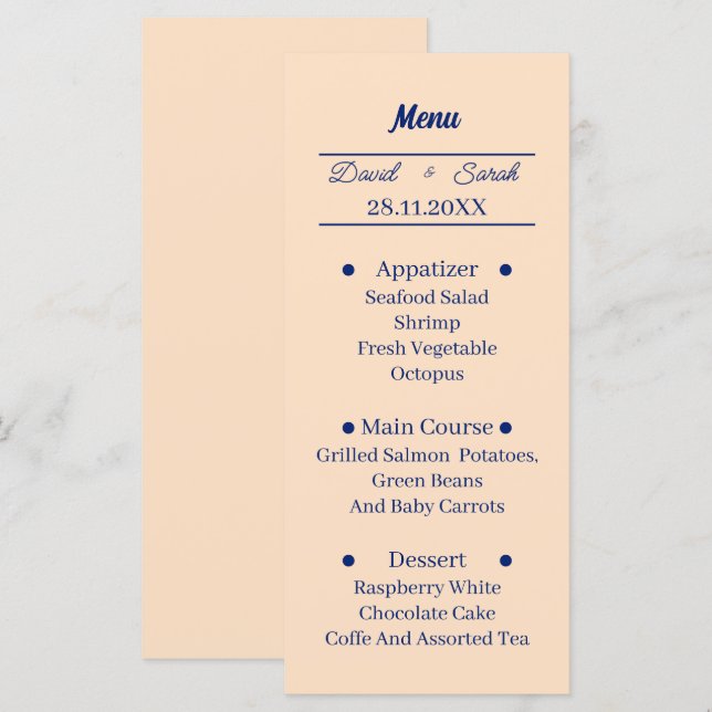 Menú Cena Boda personalizada beige simple (Anverso / Reverso)