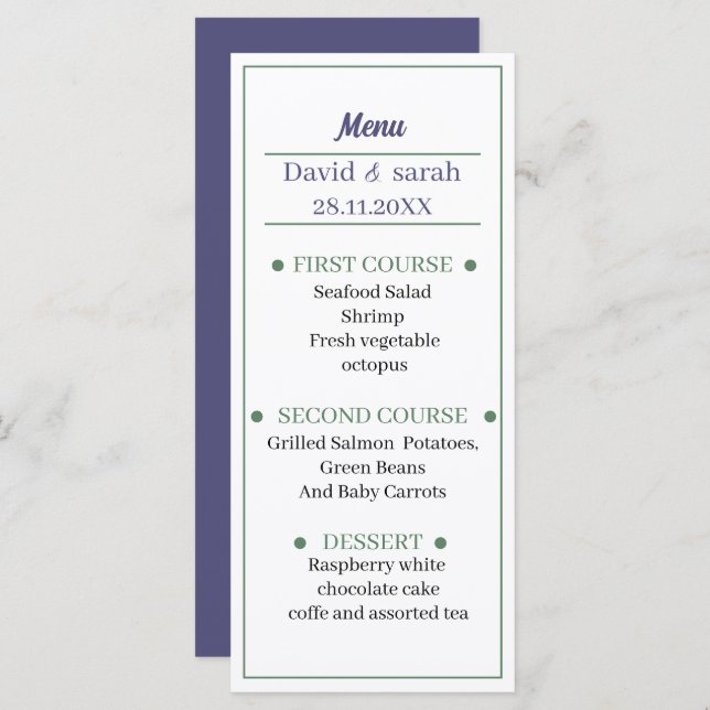 Menú Cena Boda personalizada púrpura simple (Anverso / Reverso)