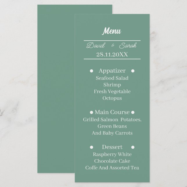 Menú Cena Boda personalizada verde simple (Anverso / Reverso)