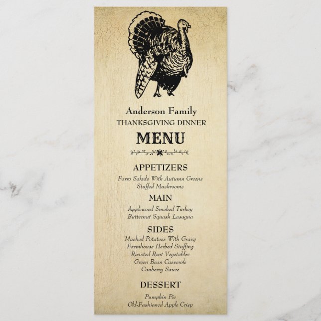 Menú Cena de Acción de Gracias de Pavo Antiguo (Anverso)