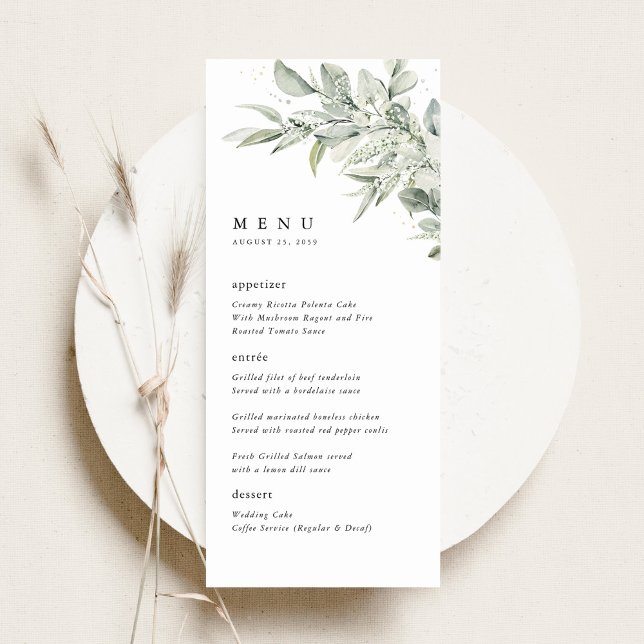 Menú Cena de Boda con Acuarela Botánica Verde Salvia (Sage green botanical watercolor wedding menu card, elegant minimalist reception stationery)