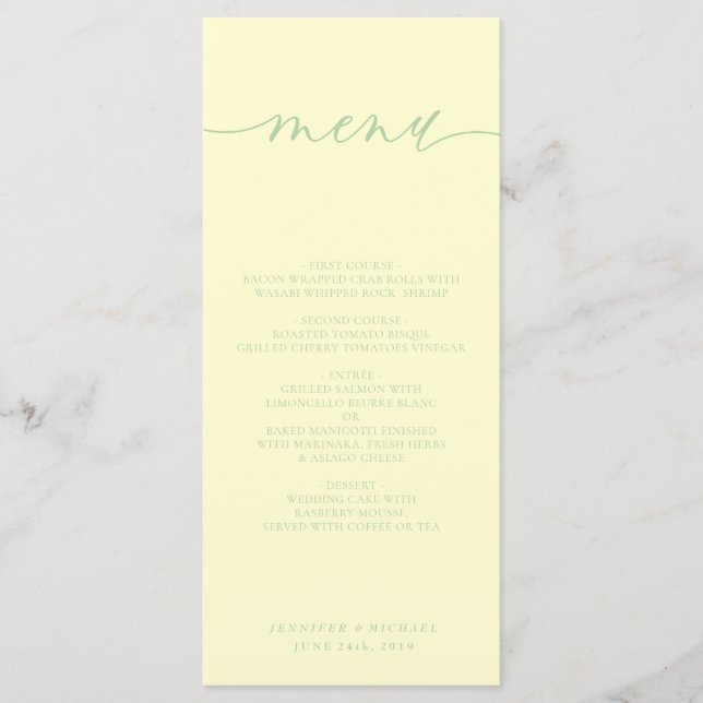 Menú Cena de boda con guión simple de crema de pistacho (Anverso)