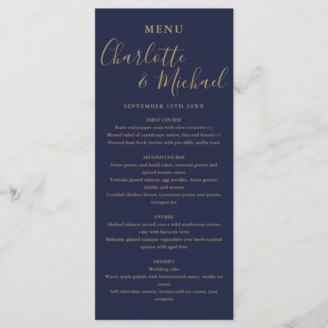 Menú Cena de Boda de Firma Azul Marino y Dorado (Anverso)