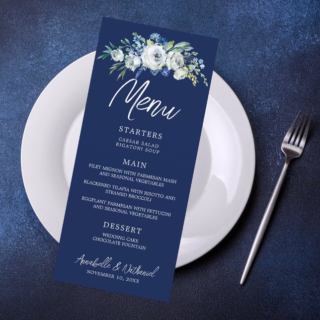Menú Cena de Boda de Invierno Floral Azul de Marina (Subido por el creador)
