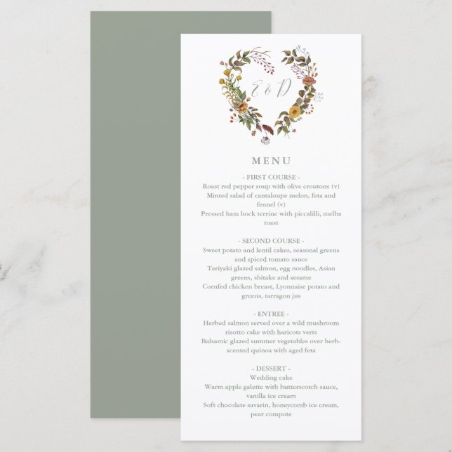 Menú Cena de Boda Floral Rústica Verde Salvia (Anverso / Reverso)