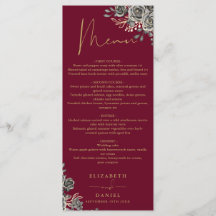 Cena de Boda Gótica Floral en Rojo Borgoña y Dorad