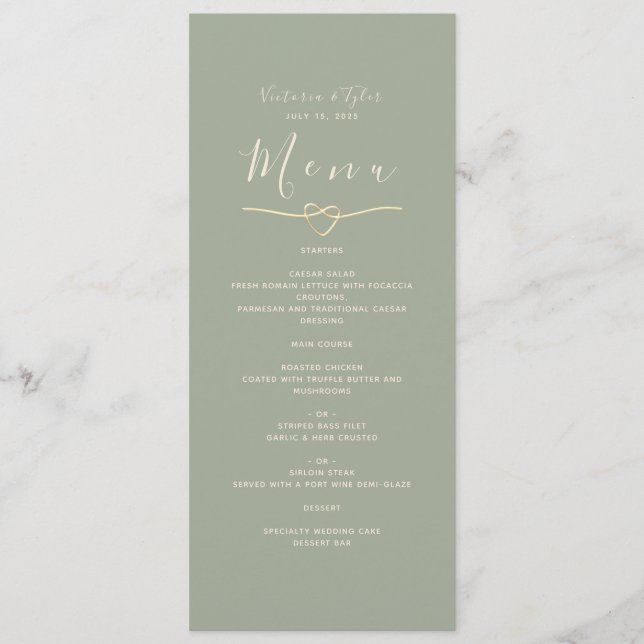 Menú Cena de Boda Minimalista Verde Salvia (Anverso)