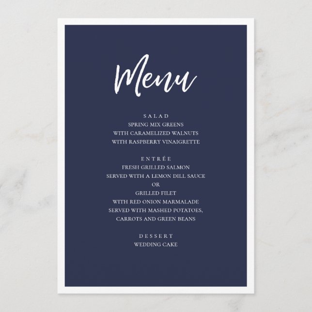 Menú Cena de boda moderna de la marina. Azul minimalist (Anverso)