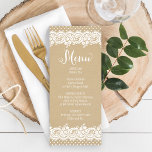Menú Cena de boda rústica Kraft y encaje<br><div class="desc">Las tarjetas de menú de boda presentan "Menú" en letra cursiva,  un encantador diseño de borde ilustrado con flores blancas y encaje punteado,  y un fondo con una apariencia texturizada de papel marrón kraft rústico.</div>