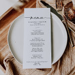 Menú Cena de Bodas Black White Classic<br><div class="desc">Esta carta clásica de boda blanco negro es perfecta para un boda moderno. El diseño, sencillo y elegante, presenta una tipografía de escritura clásica y elegante en blanco y negro. Este menú se puede utilizar para la recepción de bodas, la cena de ensayo, la ducha de novia o cualquier otro...</div>