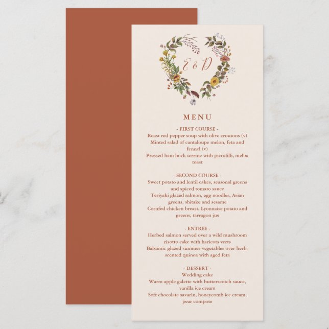 Menú Cena de bodas de otoño rústica floral (Anverso / Reverso)