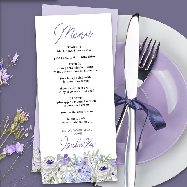 Menú Cena de borde floral de lavanda morada (Menu with editable courses and food items, from the purple peri floral collection)