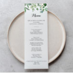 Menú Cena de caligrafía botánica de eucalipto verde<br><div class="desc">Esta carta de menú de la cena con eucalipto botánico verde es perfecta para un boda moderno. El diseño presenta hermosas hojas verdes de eucalipto pintadas a mano, ensambladas en bonitos ramos para embellecer tu evento. Este menú se puede utilizar para la recepción de bodas, la cena de ensayo, la...</div>