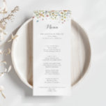 Menú Cena de caligrafía de flores silvestres y denuesta<br><div class="desc">La carta de este colorido y delgado menú de la cena con flores silvestres es perfecta para un boda rústico. El diseño se caracteriza por una acuarela pintada a mano con bonitas flores rosadas, onduladas, azules, navales, amarillas, violetas y verdes. Este menú se puede utilizar para la recepción de bodas,...</div>