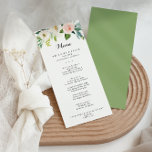 Menú Cena de caligrafía de follaje verde floral simple<br><div class="desc">Esta sencilla carta de menú vegetal para cenar es perfecta para un boda tropical. El diseño presenta rosas pintados a mano, blancos, rosados y ondulados, incrustados en un follaje verde, que inspiran la belleza artística. Este menú se puede utilizar para la recepción de bodas, la cena de ensayo, la ducha...</div>