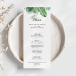 Menú Cena de caligrafía de vegetación tropical de desti<br><div class="desc">Esta carta de menú para cenas con caligrafía de vegetación tropical es perfecta para un boda moderno. El diseño se compone de palmeras verdes de color agua pintadas a mano y hojas de plátano cuidadosamente dispuestas en bonitos ramos. Este menú se puede utilizar para la recepción de bodas, la cena...</div>
