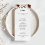 Menú Cena de caligrafía floral borgoñona morada primave<br><div class="desc">La carta de la cena, con una caligrafía floral de primavera borgoñona, es perfecta para un simple boda. El diseño está pintado a mano y cuenta con hojas verdes, rosas deslumbrantes rosas, ruidosas, violetas, rojas, blancas y burdeos deslumbrantes, peonías cuidadosamente dispuestas en pequeños ramos adorables. Este menú se puede utilizar...</div>
