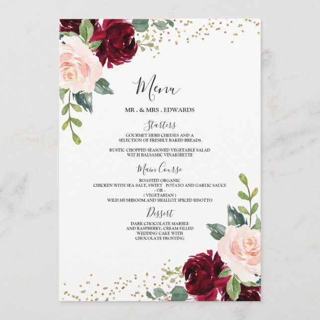 Menú Cena de compromiso de Bodas florales de Borgoña y  (Anverso)