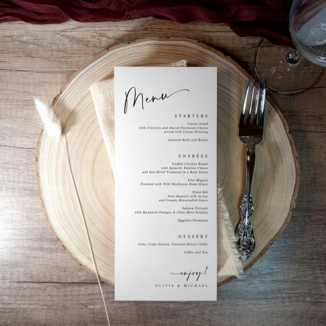 Menú Cena de Curso de Comida Moderna Boda en Blanco y N (Modern minimalist black and white wedding menu with elegant script typography)