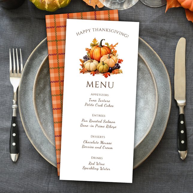 Menú Cena de Día de Acción de Gracias de la Calabaza Fu (Plaid Pumpkin Thanksgiving Dinner Menu)