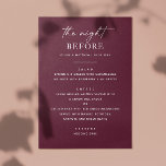Menú Cena de ensayo de Borgoña | Noche antes de eleganc<br><div class="desc">Añada un toque de elegancia clásica a su cena de ensayo con esta carta burdeos profunda. Diseñado para su boda "La noche antes", este minimalista esquema de vino tinto presenta un colorido y una tipografía limpia que le confieren un aspecto moderno y atemporal. El profundo color burdeos y ciruela lo...</div>