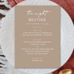 Menú Cena de ensayo de Taupe | Noche antes del beige hu<br><div class="desc">El ambiente refinado de "The Night Before" se refleja en el elegante menú de la cena, en una suave paleta de taupe. Diseñada para parejas que aprecian las líneas depuradas y la simplicidad moderna, esta atractiva tarjeta de menú minimalista beige es perfecta para eventos bodas de temática neutra, contemporáneo o...</div>