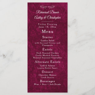 Menú Cena de ensayo elegante de terciopelo borgoña blan