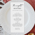 Menú Cena de ensayo en blanco y negro | La noche anteri<br><div class="desc">Mantén tu cena clásica y limpia con este minimalista menú en blanco y negro, con un guión elegante emparejado con un tipo de serif intemporal. Diseñado para eventos modernos y sofisticados antes del boda, este menú le aporta un toque refinado a su entorno. Personalizable completo con sus nombres, detalles de...</div>