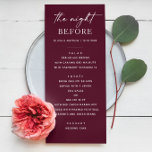 Menú Cena de ensayo en Borgoña | Noche elegante antes<br><div class="desc">Menú de cena de ensayo de Borgoña para la noche antes del boda. Este sencillo y elegante diseño de ciruela es perfecto para bodas de otoño, rústicos o con temas vitivinícolas. El diseño editable permite personalizar los detalles de la cena. Una elección atemporal para celebraciones modernas o románticas. Elementos de...</div>