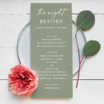 Menú Cena de Ensayos Verdes Sage. Noche antes de la pla<br><div class="desc">Elegante menú minimalista de ensayo para la cena de la noche antes del boda. Perfecto para bodas con temática de bosque, botánica o verano, este editable diseño pastel puede ser personalizado para su evento especial. La moqueta verde es ideal para celebraciones rústicas y al aire libre. Papelería boda coincidente disponible...</div>