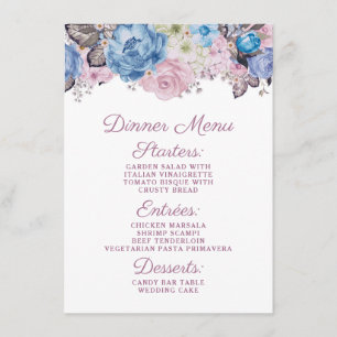 Menú Cena de Moda floral azul y rosa de encanto parisin
