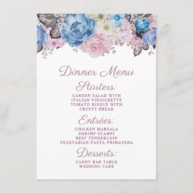 Menú Cena de Moda floral azul y rosa de encanto parisin (Anverso)