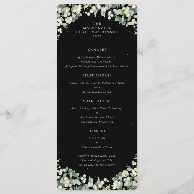 Menú Cena de Navidad con Snowberry Negro Plano de 4 Pla (Anverso)