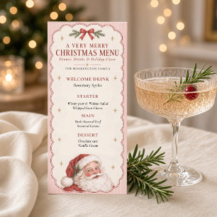 Menú Cena de Navidad de Santa Vintage con Rayas Rosadas