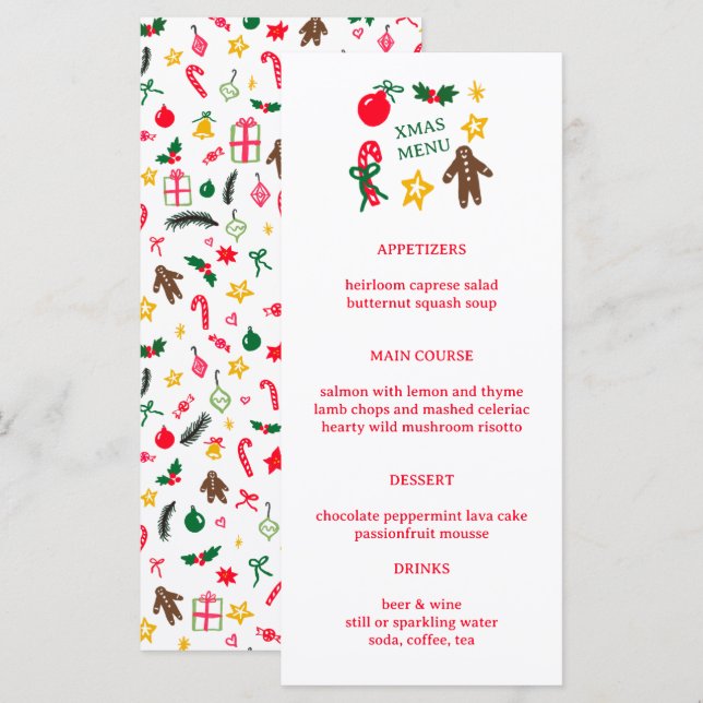 Menú Cena de Nochebuena NAVIDEÑA personalizada Fiesta (Anverso / Reverso)