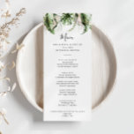 Menú Cena dorada de vegetación tropical<br><div class="desc">Esta carta de menú dorada tropical para la cena es perfecta para una boda de destino. El diseño se compone de acuarelas pintadas a mano de oro y palmeras verdes y hojas de plátano con flores rosas cuidadosamente dispuestas en bonitos ramos. Este menú se puede utilizar para la recepción de...</div>