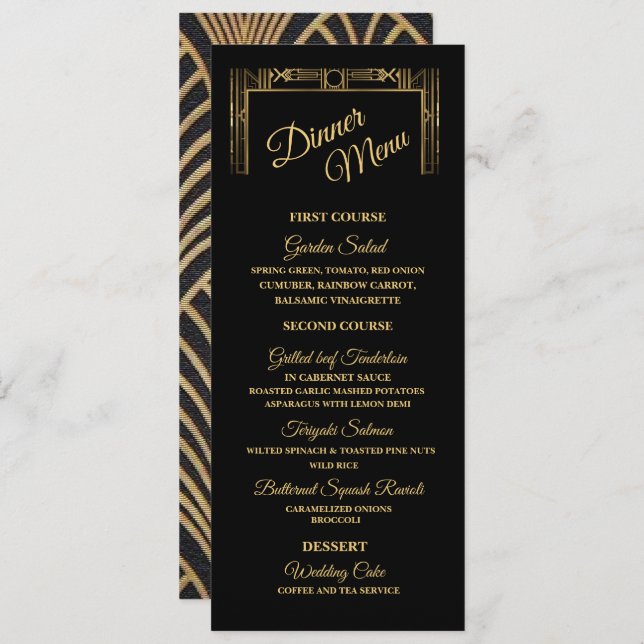 Menú Cena elegante Art Decó Gatsby (Anverso / Reverso)