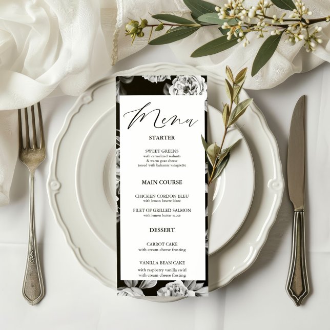 Menú Cena elegante de Boda Floral Blanca y Negra (Subido por el creador)