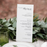 Menú Cena elegante de bodas de derecha moderna<br><div class="desc">El moderno menú de bodas elegante es una elección elegante y sofisticada para su día especial. Este elegante diseño presenta un diseño minimalista con un "Menú" bellamente escrito en un guión contemporáneo de caligrafía rápida, añadiendo un toque de elegancia y encanto. Perfecto para las parejas que aprecian la simplicidad y...</div>