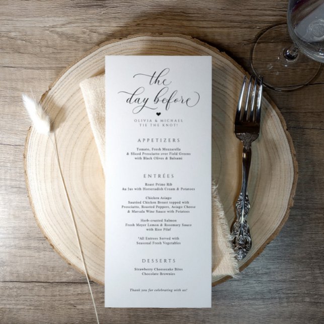Menú Cena elegante la víspera de la repetición de la bo (Elegant “The Day Before” rehearsal dinner menu with swirly script and modern typography.)