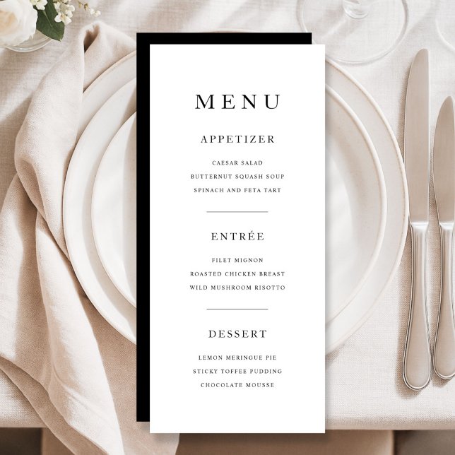 Menú Cena elegante minimalista en blanco y negro (Elegant Minimal Black And White Dinner Menu)