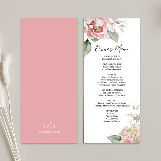 Menú Cena floral Boda rosa Rubor (Wedding elegant floral menu card template. )