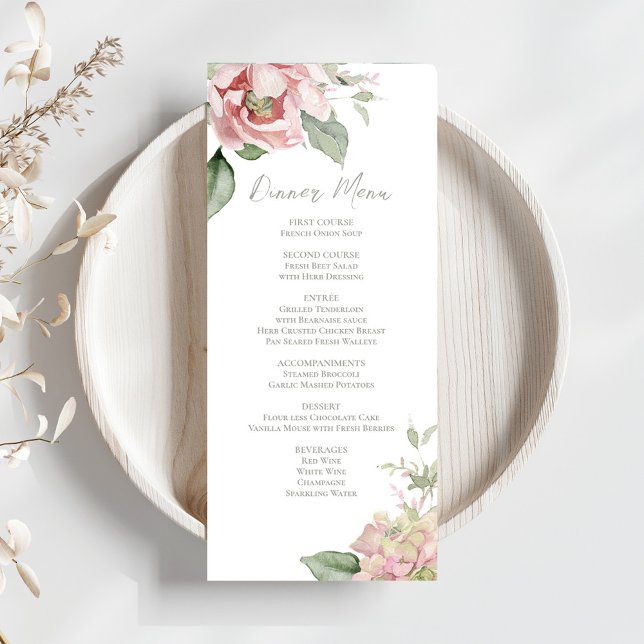 Menú Cena floral Boda rosa Rubor (Elegant blush pink floral dinner menu card template. )